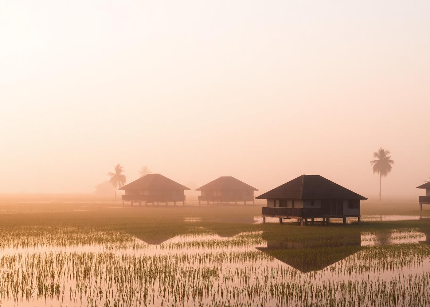 Kerala backwaters with traditional homes at sunrise